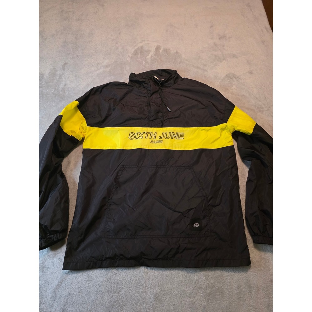 Sixth June Paris Windbreaker Anorak Mens Large Black Yellow Colorblock Pullover